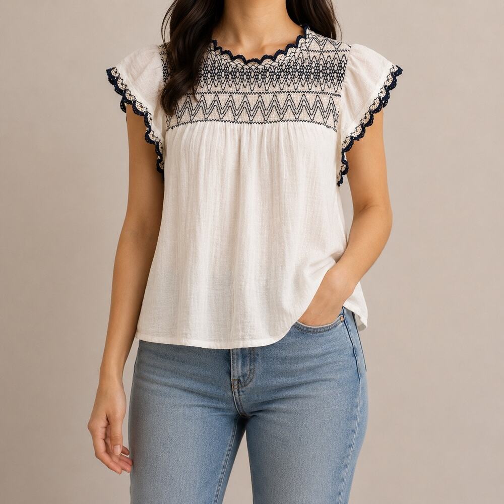 Mine Blue Embroidered Short Sleeve White Blouse Sz S Boho Chic